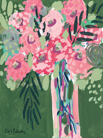 Kait Roberts KR902 - KR902 - Peek-a-Bloom - 12x16 pink flowers, tall glass vase, green background, abstract bouquet, whimsical florals, loose petals, expressive paint texture, contemporary still life, feminine floral art, decorative arrangement, painterly style, bold brush strokes, cheerful botanical painting from Penny Lane