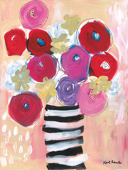 Kait Roberts KR910 - KR910 - Daydream Believer - 12x16 red and pink flowers, striped vase, blush peach background, contemporary bouquet, loose floral painting, still life art, painterly petals, decorative home decor, expressive brush strokes, modern feminine floral, whimsical dots, bright cheerful arrangement from Penny Lane
