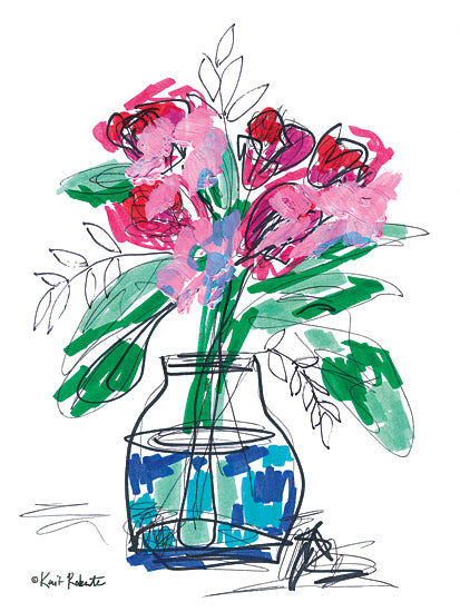Kait Roberts KR918 - KR918 - Bubble Gum - 12x16 bright floral arrangement, pink and red flowers, green leaves, glass jar vase, blue water in vase, expressive sketch lines, abstract botanical art, loose painterly bouquet, modern floral still life, energetic brushstrokes, whimsical flowers, contemporary wall decor, hand drawn stems, colorful mixed media style, cheerful feminine art, fresh bouquet illustration from Penny Lane