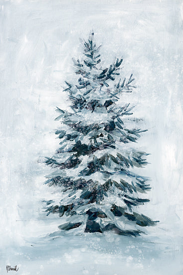 Kate Sherrill KS305 - KS305 - Winter Evergreen - 12x18 snow covered evergreen tree, winter pine, icy blue background, frosty branches, sparkling snow, solitary tree, painterly evergreen, cold season wall art, serene winter scene, brush stroke texture, minimalist holiday tree from Penny Lane