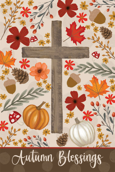 Lisa Larson LAR660 - LAR660 - Autumn Blessings - 12x18 autumn blessings typography, religious fall illustration, pumpkins and leaves, cross with florals, seasonal Christian art from Penny Lane