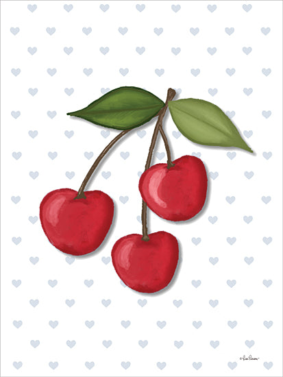 Lisa Larson LAR694 - LAR694 - Cherry Sweetness - 12x16 cherries, fruit illustration, three cherries, green leaves, light blue heart pattern background, cute, whimsical, kitchen decor, summer fruit from Penny Lane