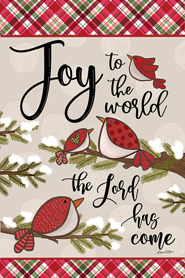 Lisa Larson LAR718 - LAR718 - Jo to the World Birds - 12x18 Joy to the World Christmas design, red birds, holiday typography, plaid border, festive branches, inspirational message, Christian theme, winter illustration, decorative greeting, Lisa Larson art from Penny Lane