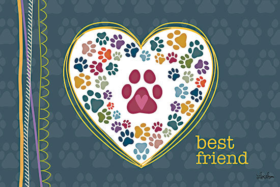 Lisa Larson LAR752 - LAR752 - Best Friend Heart - 18x12 heart made of colorful paw prints, best friend text, pet love artwork, dog paw motif, cat paw motif, teal patterned background, decorative typography, companion animal theme, whimsical pet sign from Penny Lane
