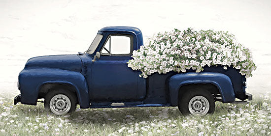 Lori Deiter LD3249 - LD3249 - Blue & Blooms - 18x9 vintage blue pickup truck, filled with white flowers, transportation art, countryside field, floral truck decor, Americana farmhouse style from Penny Lane