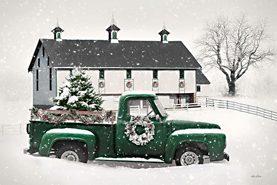 Lori Deiter LD3254 - LD3254 - Snowy Delivery - 18x12 green vintage truck, Christmas tree, snowy barnyard, wreath decor, holiday farmhouse art, winter countryside scene from Penny Lane