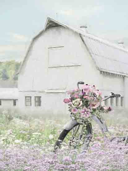Lori Deiter LD3558 - LD3558 - Spring at the Farm - 12x16 white barn, bicycle with basket of purple flowers, wildflower meadow, spring countryside, soft pastel, misty morning, shabby chic, rustic farm, lavender blooms, cottagecore, serene, watercolor look from Penny Lane