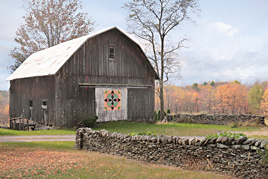 Lori Deiter LD3593 - LD3593 - A Stitch in Time - 16x12 Photography, Farm, Barn, Gray Barn, Quilt Block, Landscape, Trees, Fence, Stone Fence, Autumn, Fall, Road from Penny Lane