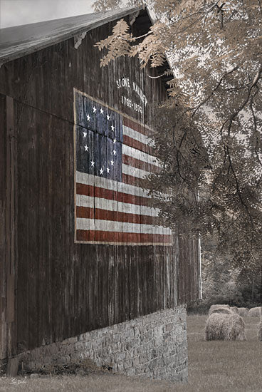 Lori Deiter LD3642 - LD3642 - American Pride - 12x18 rustic barn, historical American flag, Stone Valley, hay bales, autumn trees, heritage, vintage architecture from Penny Lane