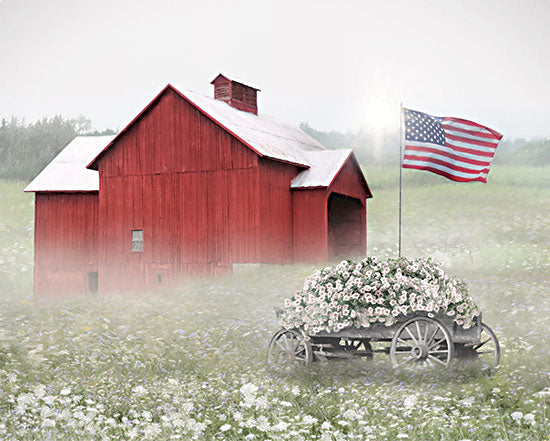 Lori Deiter LD3644 - LD3644 - USA Morning Glory - 16x12 red barn, American flag, flower wagon, misty field, rural America, patriotic floral scene from Penny Lane