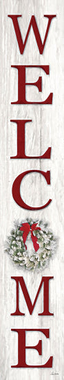 Lori Deiter LD3730 - LD3730 - Christmas Welcome Sign - 6x36 vertical welcome sign, red letters on whitewashed wood, winter wreath accent, farmhouse holiday porch sign, rustic typography, snowy seasonal decor, modern farmhouse sign, christmas welcome wall art from Penny Lane