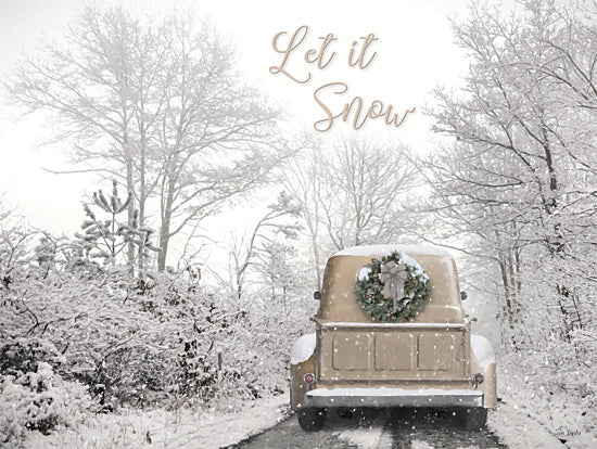 Lori Deiter LD3755 - LD3755 - Let It Snow Truck - 16x12 holiday wreath, snowy road, vintage vehicle, winter forest, festive travel, Christmas decor, snowy adventure, seasonal greeting, pine trees from Penny Lane