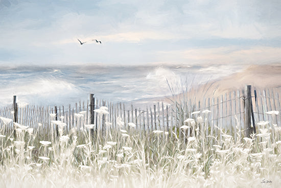 Lori Deiter LD3804 - LD3804 - Flowers by the Seaside - 18x12 white barn, green field, white wildflowers, summer farm, rural landscape, soft sky, pastoral meadow, country scene, farmhouse and silo, blooming flowers, serene countryside, nature art, airy composition, painterly brushwork, modern farmhouse style from Penny Lane