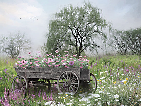 Lori Deiter LD3813 - LD3813 - Wagonful of Wishes - 16x12 flower cart, wooden wagon, daisies, field of flowers, purple flowers, willow trees, foggy morning, rustic charm, wildflowers from Penny Lane