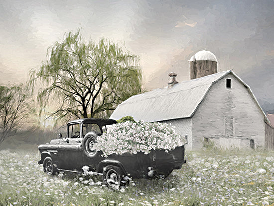 Lori Deiter LD3815 - LD3815 - Willow Farm   - 16x12 white barn, farmhouse, vintage black pickup truck, bed of white flowers, spring meadow, willow tree, silo, soft sunrise, misty country landscape, rural homestead, wildflowers, pastoral decor, shabby chic, serene farm scene, painterly brush texture, modern farmhouse wall art from Penny Lane