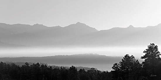 Lori Deiter LD3869 - LD3869 - Hazy Mountains - 18x9 misty mountain landscape, layered mountain silhouettes, morning fog, hazy atmosphere, soft gradients, pine tree foreground, distant ridgelines, tranquil nature scene, minimalist composition, cool gray tones, wide panoramic view, serene mood, atmospheric perspective, wilderness, outdoors from Penny Lane