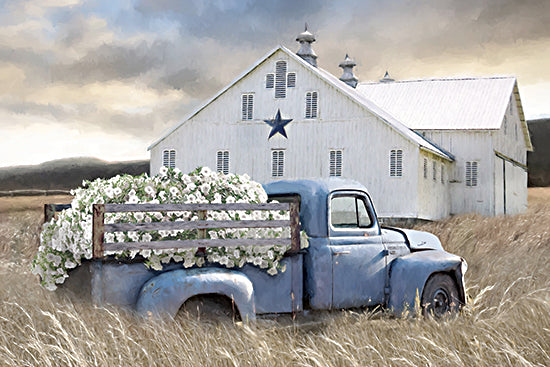 Lori Deiter LD3918 - LD3918 - The Old Star Barn - 18x12 blue vintage truck, white flowers, rustic, countryside, barn, blue star, grassy field, peaceful, vintage from Penny Lane