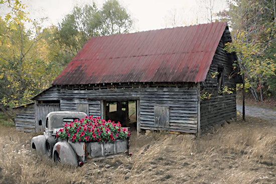 Lori Deiter LD3922 - LD3922 - Grandpa's Flower Truck - 18x12 old barn, red roof, vintage white pickup truck, pink flowers, rustic farm, overgrown field, countryside, weathered wood, nostalgic, rural scene, painterly brushstrokes, americana from Penny Lane