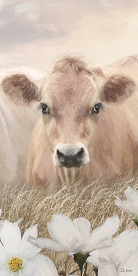 Lori Deiter LD3929 - LD3929 - Floral Cow Trio II - 9x18 close up tan cow face, cow portrait, farm animal, cattle, brown ears, meadow grass, white flowers, soft sky, neutral palette, calm expression, rustic, country, modern farmhouse, painterly, brush strokes from Penny Lane