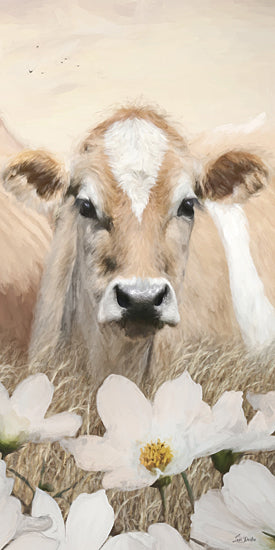 Lori Deiter LD3930 - LD3930 - Floral Cow Trio III - 9x18 close up tan and white cow face, cow portrait, farm animal, cattle, white blaze, brown ears, meadow grass, white flowers, soft sky, neutral tones, rustic, country, modern farmhouse, painterly brush strokes from Penny Lane