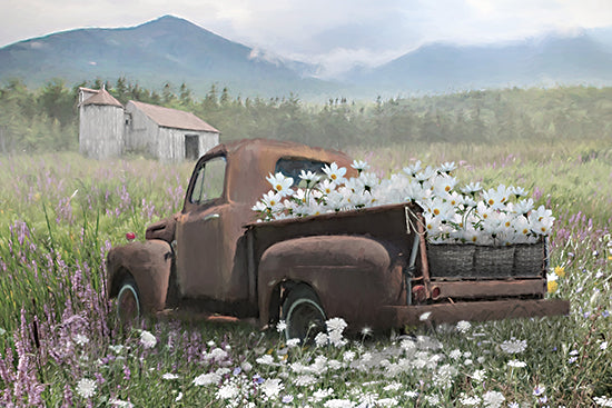 Lori Deiter LD3948 - LD3948 - Fragile Treasures - 16x12 vintage pickup truck, rusty brown truck, truck bed full of white flowers, baskets of daisies, wildflower meadow, lavender field, mountains, pine trees, rustic barn, countryside landscape, spring summer, nostalgic, farmhouse decor, painterly brush strokes, rural from Penny Lane