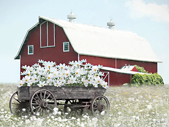 Lori Deiter LD3971 - LD3971 - Cart Full of Sunshine - 16x12 red barn, flower cart, wagon, white daisies, wildflower field, rustic farm, country landscape, spring summer, farmhouse style, pastoral, soft brush strokes, light airy, rural scene, botanical from Penny Lane
