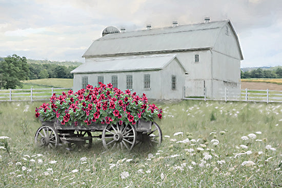 Lori Deiter LD3972 - LD3972 - Where Memories Bloom - 18x12 white barn, flower wagon, cart full of magenta petunias, wildflower meadow, green grass, rustic fence, countryside, spring summer, farmhouse decor, painterly, soft light, rural landscape, floral still life outdoors from Penny Lane