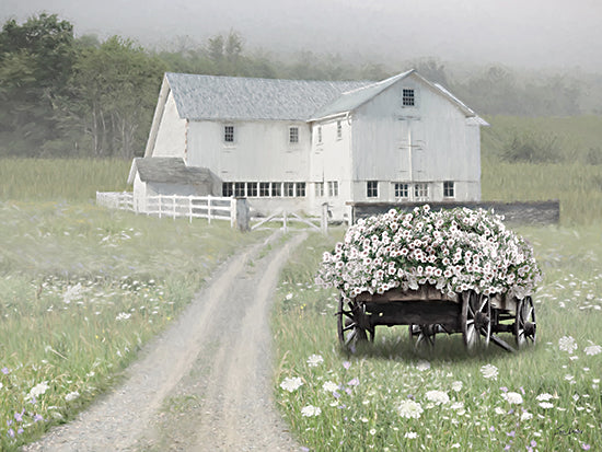 Lori Deiter LD3976 - LD3976 - Misty Country Morning - 16x12 white barn, gravel farm lane, wagon cart full of pink flowers, spring meadow, misty morning, country road leading lines, white fence, rural farmstead, soft green palette, pastoral landscape, painterly brush strokes from Penny Lane