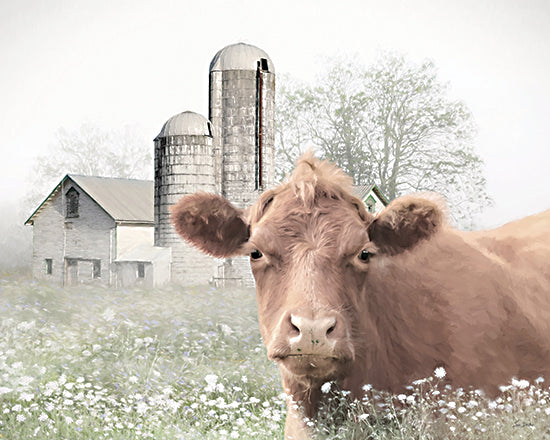 Lori Deiter LD3982 - LD3982 - Bessie's Meadow - 16x12 brown cow portrait, twin silos, white barn, spring wildflowers, close up cattle face, rural farmyard, curious cow, soft misty background, pastoral dairy farm, green meadow, country charm, farmhouse animal art, painterly brush strokes, gentle farm scene from Penny Lane