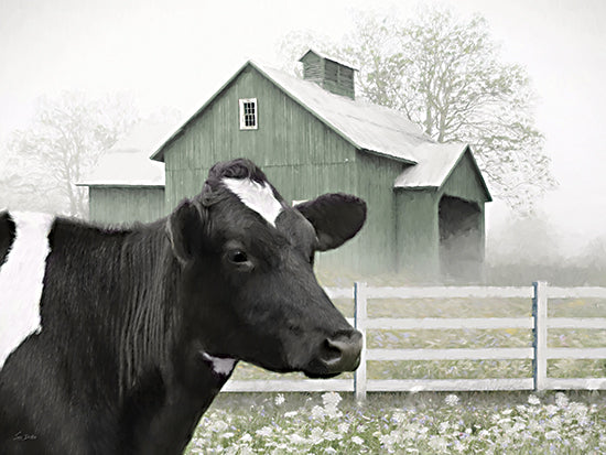 Lori Deiter LD3983 - LD3983 - Daisy's Domain - 16x12 black and white dairy cow, green barn, white fence, misty trees, holstein cow portrait, spring pasture, rural farm animal, farmhouse background, floral meadow, soft green palette, country dairy farm, charming livestock art, painterly brush texture, modern farmhouse decor from Penny Lane