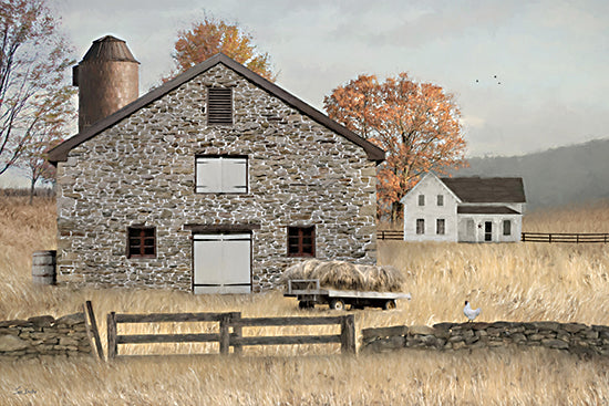 Lori Deiter LD3997 - LD3997 - Fall on the Farm - 18x12 stone barn, farmhouse, hay wagon, rustic fence gate, golden field, autumn landscape, country farm scene, painterly texture, rural americana, trees with fall color from Penny Lane