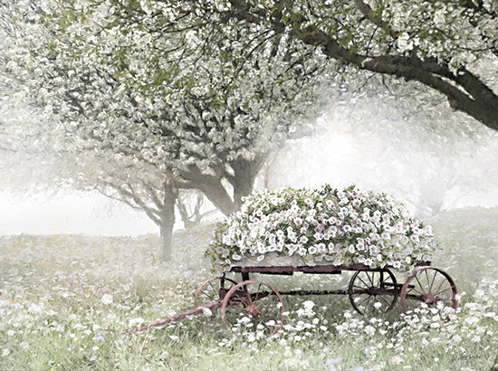 Lori Deiter LD4023 - LD4023 - Misty Morning Blooms - 16x12 botanical, landscape, holidays & seasonal, floral, trees, country, rural, spring, summer, wagon, meadow, blossoms, hazy, whimsical, decorative, photography, white from Penny Lane
