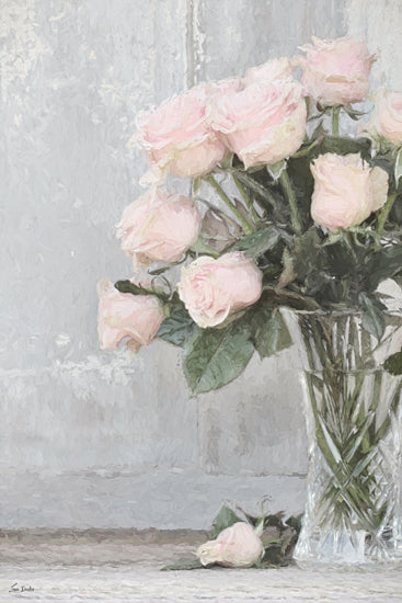 Lori Deiter LD4044 - LD4044 - A Touch of Pink - 12x18 botanical, still life, floral, roses, rose, vase, crystal vase, fallen rose, vintage, feminine, digital painting, pink from Penny Lane