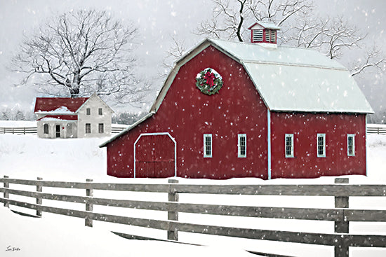 Lori Deiter LD4048 - LD4048 - Snowy Farmstead - 18x12 red barn, snowy farm, holiday wreath, country winter from Penny Lane