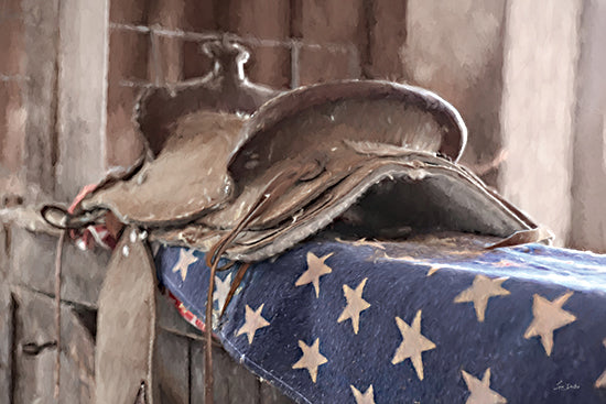 Lori Deiter LD4051 - LD4051 - Patriotic Cowboy - 18x12 western saddle, bridle, American flag blanket, barn interior, leather tack, patriotic equestrian decor, rustic stable, cowboy gear, vintage saddle, stars and stripes, country western still life, moody barn light, painterly texture, masculine western art from Penny Lane