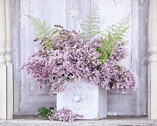 Lori Deiter LD4059 - LD4059 - May Lilacs - 16x12 lavender bouquet, purple flowers, ferns, white planter, rustic porch, farmhouse doorway, spring florals, greenery, country decor, cottage style, still life, neutral background, decorative, soft painterly, brush strokes, modern farmhouse, seasonal spring from Penny Lane