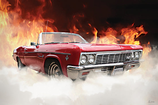 Lori Deiter LD4104 - LD4104 - Flaming Impala - 18x12 travel, transportation, classic car, vintage car, fire, smoke, flames, moody, digital illustration, red from Penny Lane