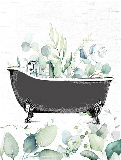 lettered & lined LET1215 - LET1215 - Bathtub Greenery - 12x16 vintage clawfoot bathtub, eucalyptus leaves, spa botanical art, farmhouse bath decor, watercolor greenery, rustic bathroom illustration, neutral wall art, painterly brush strokes, relaxing spa theme from Penny Lane