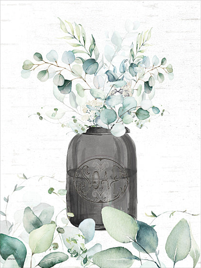 lettered & lined LET1216 - LET1216 - Soap Jar and Greenery - 12x16 soap jar illustration, vintage apothecary bottle, eucalyptus arrangement, farmhouse bathroom art, botanical watercolor, neutral decor, rustic spa theme, green foliage, still life composition, painterly style from Penny Lane
