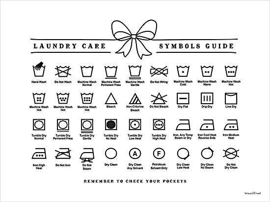 lettered & lined LET1451 - LET1451 - Laundry Care Symbols Guide - Bow Series - 16x12 laundry care symbols guide, laundry symbols chart, minimalist educational print, black and white wall art, modern farmhouse laundry sign, typography decor, home essentials poster from Penny Lane