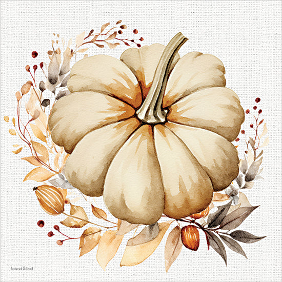 lettered & lined LET1609 - LET1609 - Pale Harvest - 12x12 white pumpkin with foliage, autumn leaves, fall floral arrangement, harvest decor, thanksgiving art, rustic farmhouse style, seasonal botanical illustration, neutral earth tones from Penny Lane