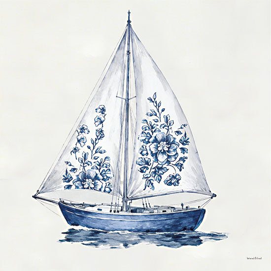 lettered & lined LET1755 - LET1755 - Coastal Toile Sailboat - 12x12 coastal, botanical, nautical, floral, sailboat, water, indigo, pattern, decorative, whimsical, watercolor, blue from Penny Lane