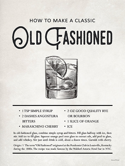 lettered & lined LET883 - LET883 - Old Fashioned - 12x16 cocktail recipe, vintage design, old fashioned drink, illustrated glass, recipe typography, retro style, classic cocktail instructions from Penny Lane
