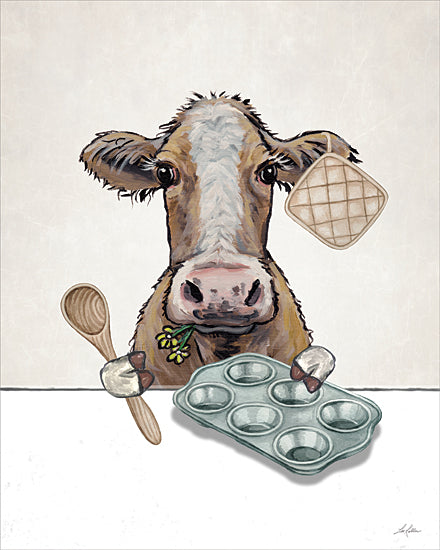 Lee Keller LK285 - LK285 - Baking Cow     - 12x16 deer chef with whisk eggs bowl humorous woodland animal baking character kitchen illustration whimsical art from Penny Lane