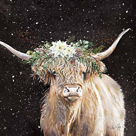 Marla Rae MAZ5984 - MAZ5984 - Christmas White Floral Highland Cow II   - 12x12 Highland cow Christmas portrait, black background, falling snow, evergreen garland crown, white poinsettias, pinecones, long horns, dramatic holiday animal art, rustic winter farmhouse, festive cow wall decor, moody seasonal style from Penny Lane