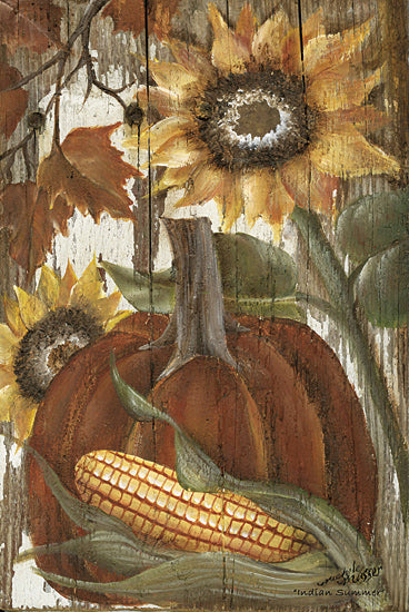Michele Musser MM369 - MM369 - Indian Summer - 12x18 pumpkin and corn, rustic barn wood background, sunflowers, autumn leaves, seasonal harvest display, 'Indian Summer' signature from Penny Lane