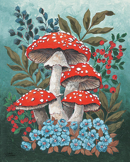 Michele Norman MN434 - MN434 - Forest Floor - 12x16 red toadstool mushrooms illustration, woodland mushroom art, amanita muscaria mushrooms, whimsical forest fungi, botanical mushroom painting, forest floor plants berries leaves from Penny Lane