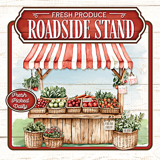 Mollie B. MOL2930 - MOL2930 - Roadside Stand - 12x12 christmas wreath, blue bow holiday wreath, watercolor pine greenery, ornaments and berries, elegant winter decor, festive door wreath, seasonal botanical illustration, classic christmas wall art, soft neutral background, painterly holiday design, evergreen branches, decorative seasonal art from Penny Lane