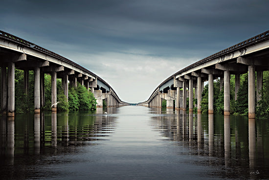 Martin Podt MPP1171 - MPP1171 - Steel Serpent - 18x12 twin bridges, highway over water, symmetrical architecture, bridge reflection, transportation landscape, river crossing, modern infrastructure, vanishing point, calm water, dramatic sky, structural lines, engineering design, moody landscape, mirror reflection, roadside architecture, scenic bridge scene, travel route, waterfront view, geometric composition, photography from Penny Lane