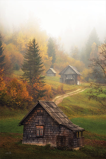 Martin Podt MPP1229 - MPP1229 - Lost in the Mist - 12x18 foggy mountain village, rustic cabins, autumn trees, moody landscape photography, path leading to farmhouses, misty morning scene from Penny Lane